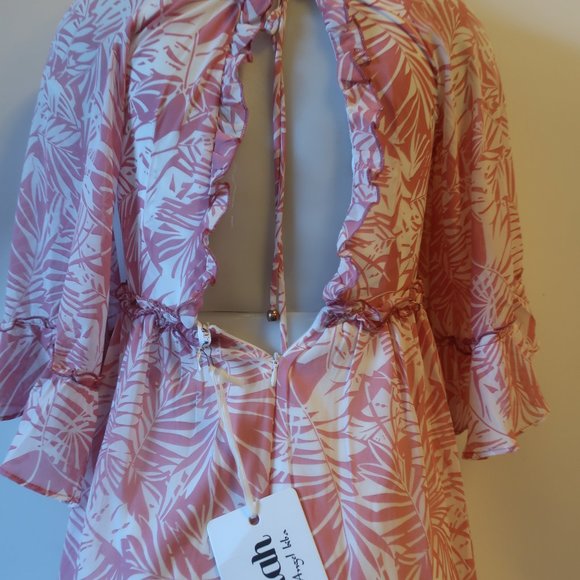 NWT WOMENS INDIKAH ANGEL BIBA PINK WHITE RUFFLED FLORAL V-NECK MINI DRESS S * - Picture 8 of 10